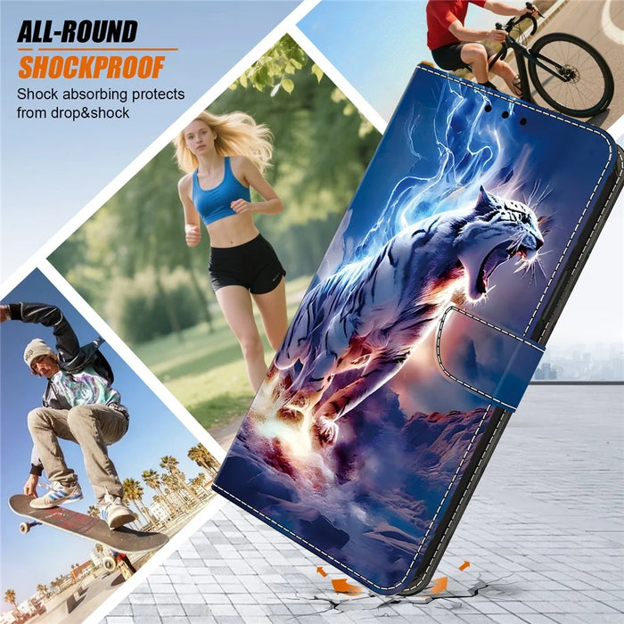 For iPhone 16 Pro Max Leather Case Pattern Printing Wallet Stand Anti Drop Phone Cover - Thunder Tiger - 5