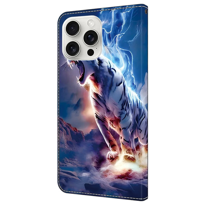 For iPhone 16 Pro Max Leather Case Pattern Printing Wallet Stand Anti Drop Phone Cover - Thunder Tiger - 7