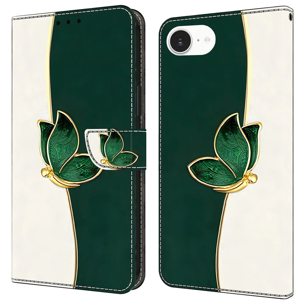 For iPhone 17e / 16e Leather Case Pattern Printing Wallet Stand Anti Drop Phone Cover - Green Butterfly - 1