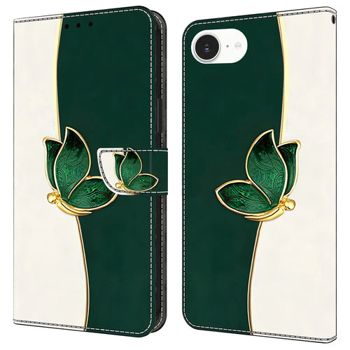 For iPhone 17e / 16e Leather Case Pattern Printing Wallet Stand Anti Drop Phone Cover - Green Butterfly - 1