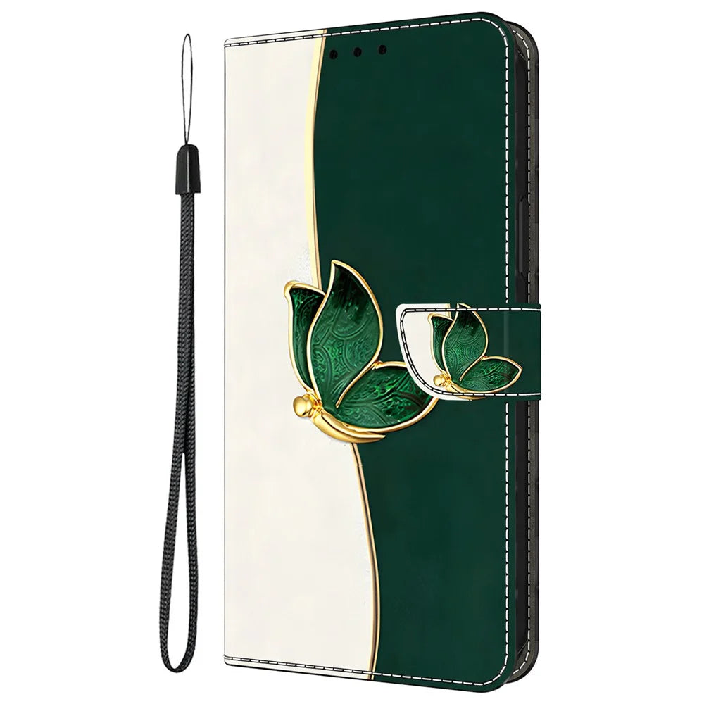 For iPhone 17e / 16e Leather Case Pattern Printing Wallet Stand Anti Drop Phone Cover - Green Butterfly - 6