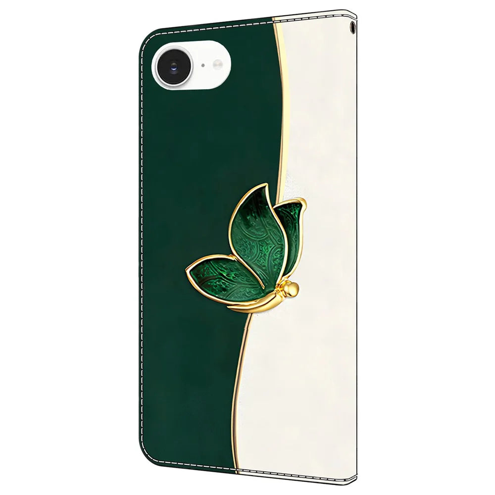 For iPhone 17e / 16e Leather Case Pattern Printing Wallet Stand Anti Drop Phone Cover - Green Butterfly - 7
