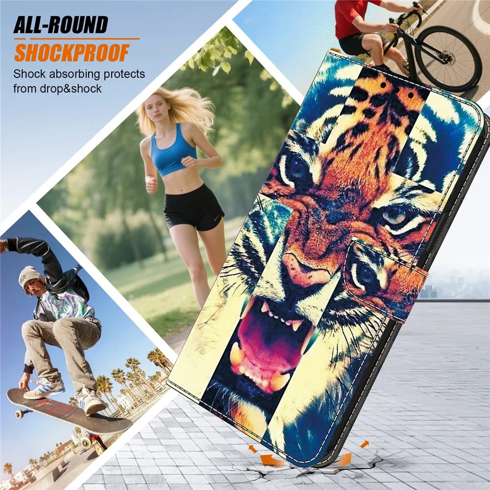 For Samsung Galaxy A16 5G  /  4G Leather Case Pattern Printing Wallet Stand Anti Drop Phone Cover - Tiger - 5