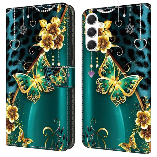 For Samsung Galaxy S25  /  S24 Leather Case Pattern Printing Wallet Stand Anti Drop Phone Cover - Golden Flower Butterfly - 1