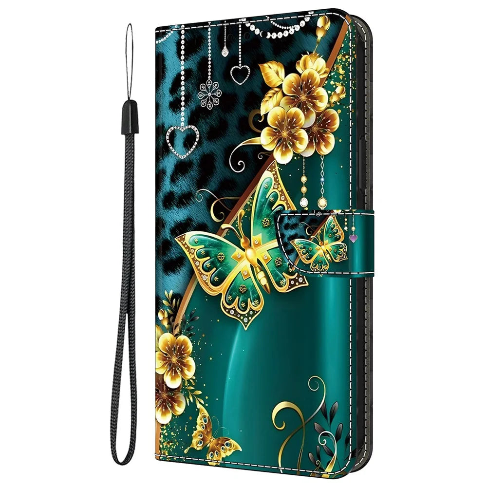For Samsung Galaxy S25  /  S24 Leather Case Pattern Printing Wallet Stand Anti Drop Phone Cover - Golden Flower Butterfly - 6