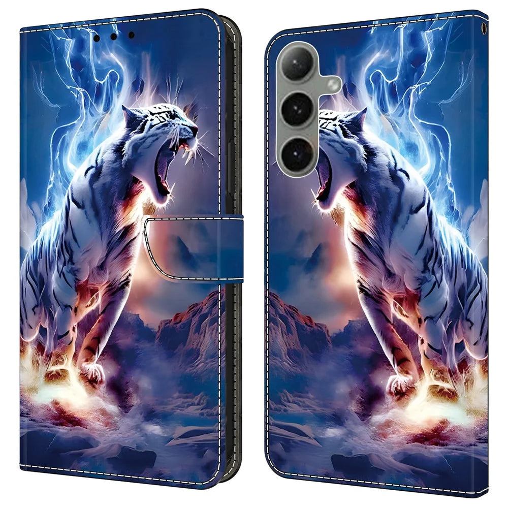 For Samsung Galaxy S25+  /  S24+ Leather Case Pattern Printing Wallet Stand Anti Drop Phone Cover - Thunder Tiger - 1