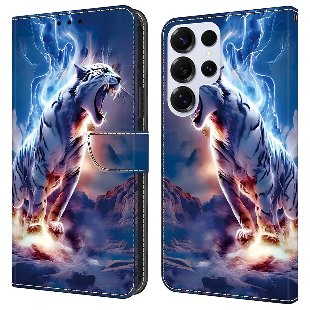 For Samsung Galaxy S25 Ultra Leather Case Pattern Printing Wallet Stand Anti Drop Phone Cover - Thunder Tiger - 1