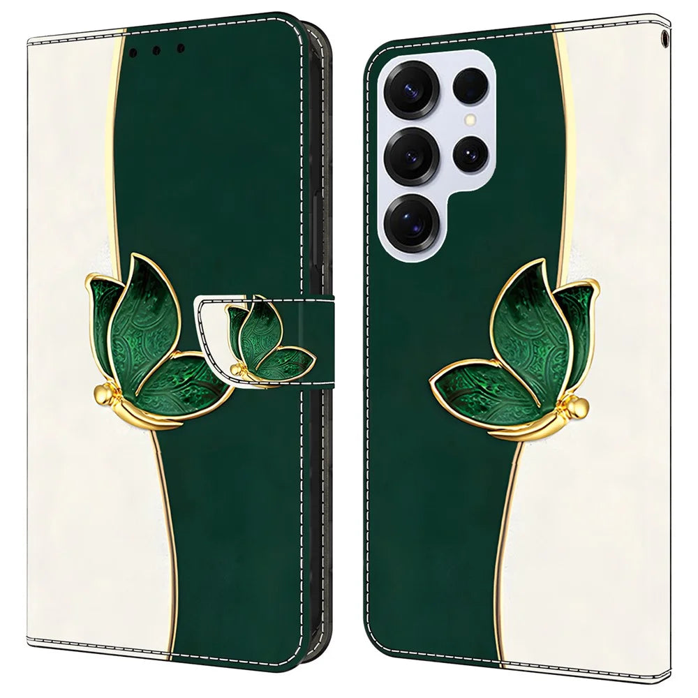 For Samsung Galaxy S24 Ultra Leather Case Pattern Printing Wallet Stand Anti Drop Phone Cover - Green Butterfly - 1