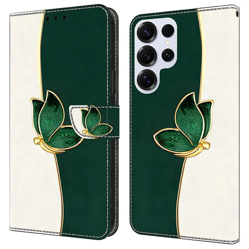 For Samsung Galaxy S24 Ultra Leather Case Pattern Printing Wallet Stand Anti Drop Phone Cover - Green Butterfly - 1