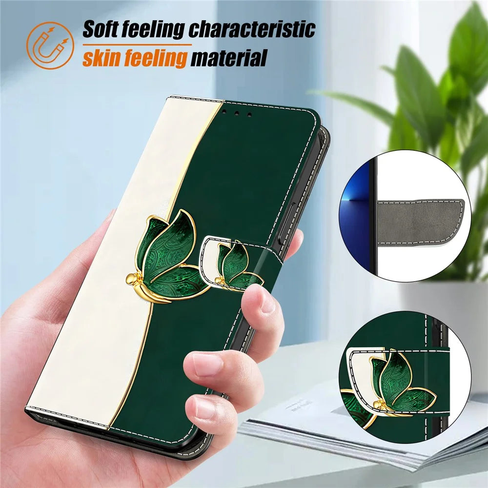 For Samsung Galaxy S24 Ultra Leather Case Pattern Printing Wallet Stand Anti Drop Phone Cover - Green Butterfly - 4