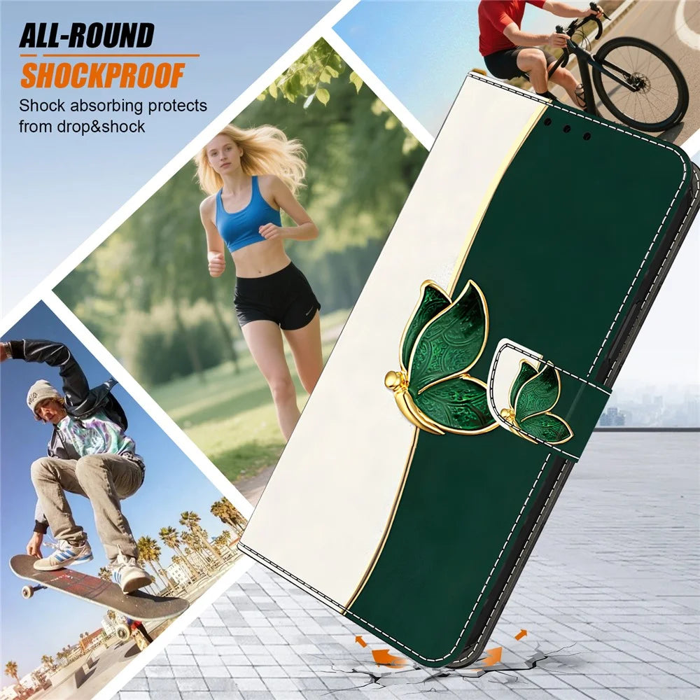 For Samsung Galaxy S24 Ultra Leather Case Pattern Printing Wallet Stand Anti Drop Phone Cover - Green Butterfly - 5