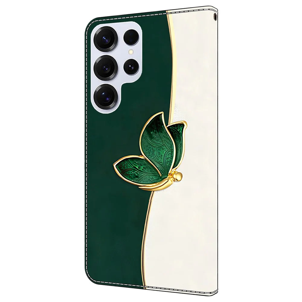 For Samsung Galaxy S24 Ultra Leather Case Pattern Printing Wallet Stand Anti Drop Phone Cover - Green Butterfly - 7