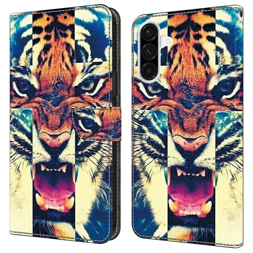 For Samsung Galaxy A15 5G  /  4G Leather Case Pattern Printing Wallet Stand Anti Drop Phone Cover - Tiger - 1
