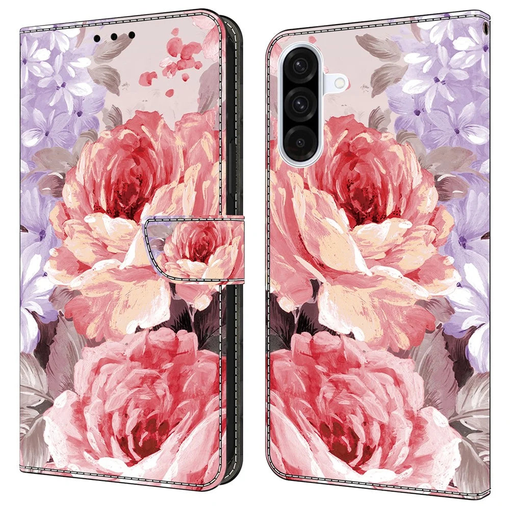 For Samsung Galaxy A35 5G Leather Case Pattern Printing Wallet Stand Anti Drop Phone Cover - Oil Painting Rose - 1