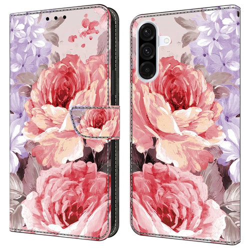 For Samsung Galaxy A35 5G Leather Case Pattern Printing Wallet Stand Anti Drop Phone Cover - Oil Painting Rose - 1