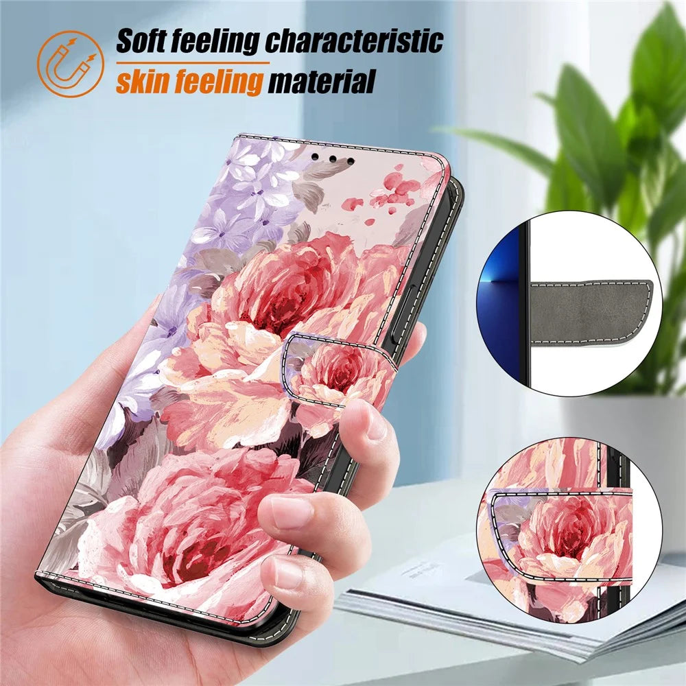 For Samsung Galaxy A35 5G Leather Case Pattern Printing Wallet Stand Anti Drop Phone Cover - Oil Painting Rose - 4