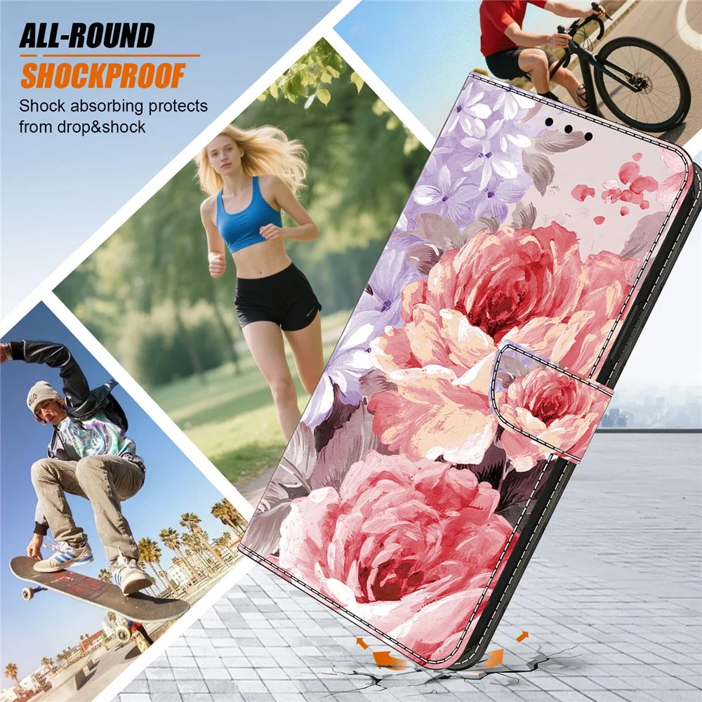 For Samsung Galaxy A35 5G Leather Case Pattern Printing Wallet Stand Anti Drop Phone Cover - Oil Painting Rose - 5