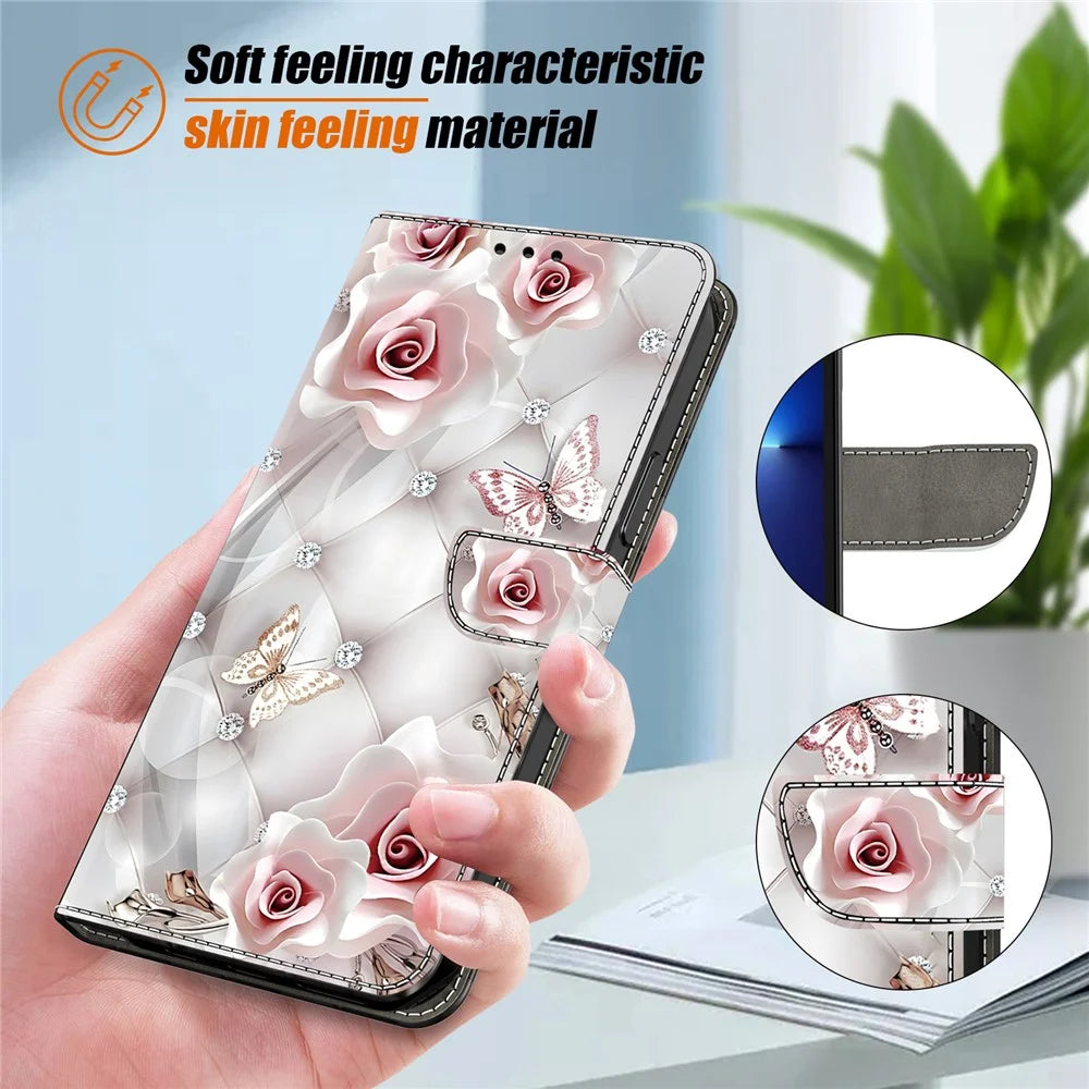 For Samsung Galaxy A55 5G Leather Case Pattern Printing Wallet Stand Anti Drop Phone Cover - Pink Butterfly - 4