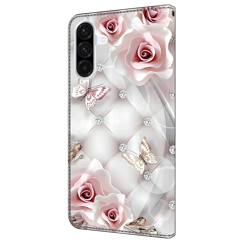 For Samsung Galaxy A55 5G Leather Case Pattern Printing Wallet Stand Anti Drop Phone Cover - Pink Butterfly - 7