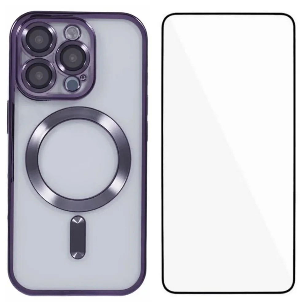WANLONFENG For iPhone 16 Pro Magnetic Case  Full Protection Electroplated TPU Cover with Tempered Glass - Dark Purple - 1