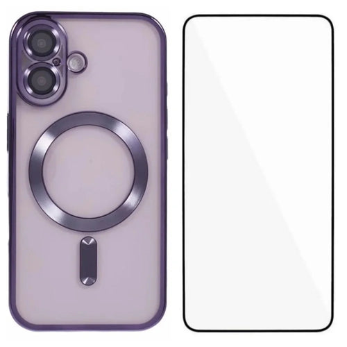 WANLONFENG For iPhone 16 Plus Magnetic Case  Full Protection Electroplated TPU Cover with Tempered Glass - Dark Purple - 1