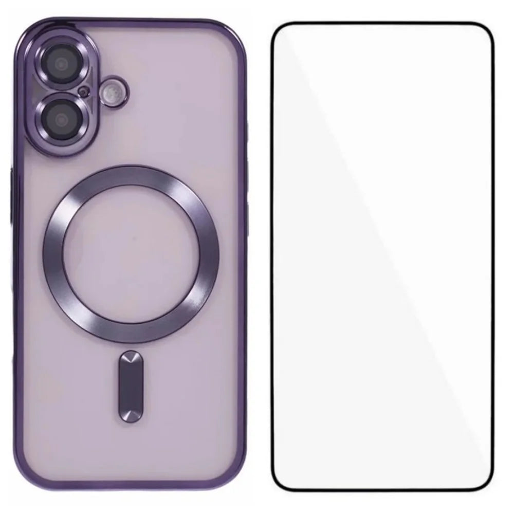 WANLONFENG For iPhone 16 Plus Magnetic Case  Full Protection Electroplated TPU Cover with Tempered Glass - Dark Purple - 1