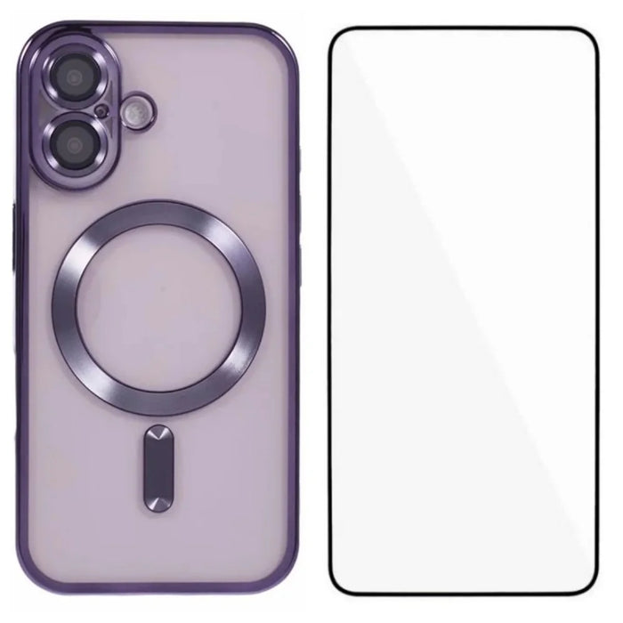 WANLONFENG For iPhone 16 Plus Magnetic Case  Full Protection Electroplated TPU Cover with Tempered Glass - Dark Purple - 1