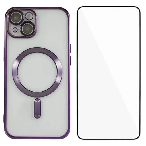 WANLONFENG For iPhone 15 Magnetic Case  Full Protection Electroplated TPU Cover with Tempered Glass - Dark Purple - 1
