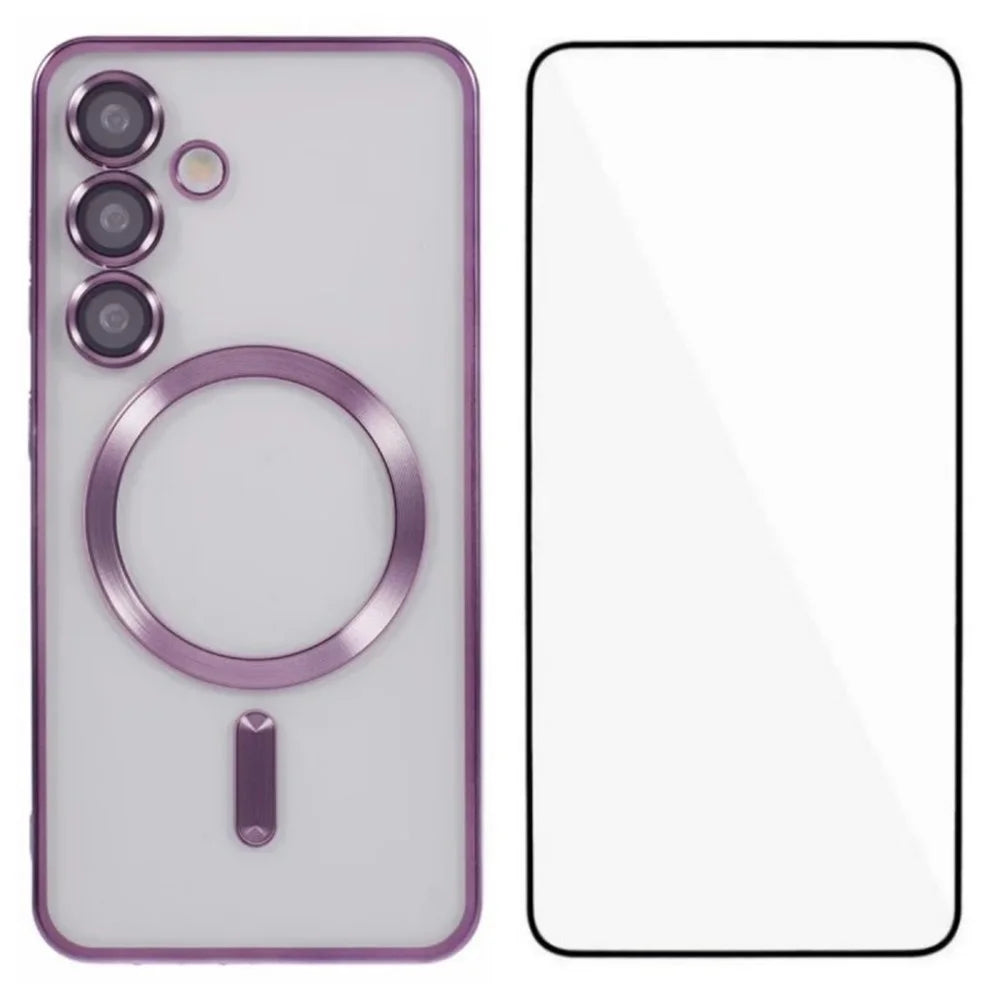 WANLONFENG For Samsung Galaxy S25+ Magnetic Case  Full Protection Electroplated TPU Cover with Tempered Glass - Dark Purple - 1
