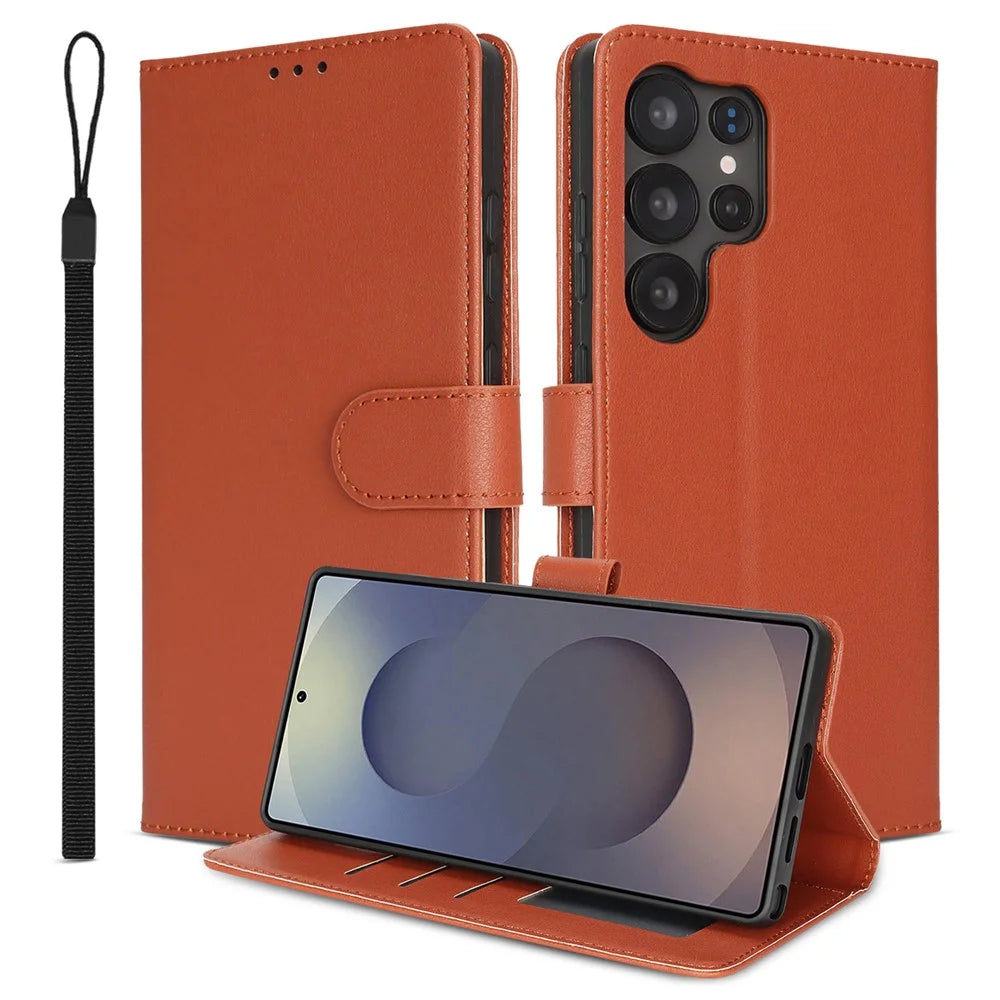 For Samsung Galaxy S25 Ultra Case RFID Blocking Flip Leather Phone Cover with Wrist Strap - Orange - 1