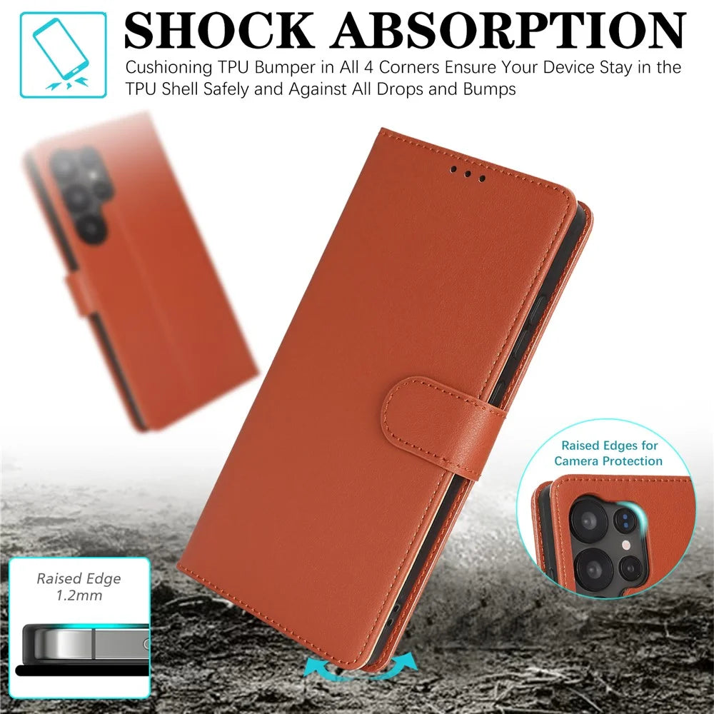 For Samsung Galaxy S25 Ultra Case RFID Blocking Flip Leather Phone Cover with Wrist Strap - Orange - 4