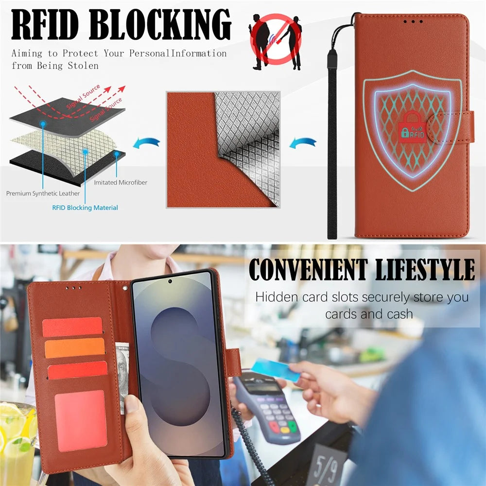 For Samsung Galaxy S25 Ultra Case RFID Blocking Flip Leather Phone Cover with Wrist Strap - Orange - 5