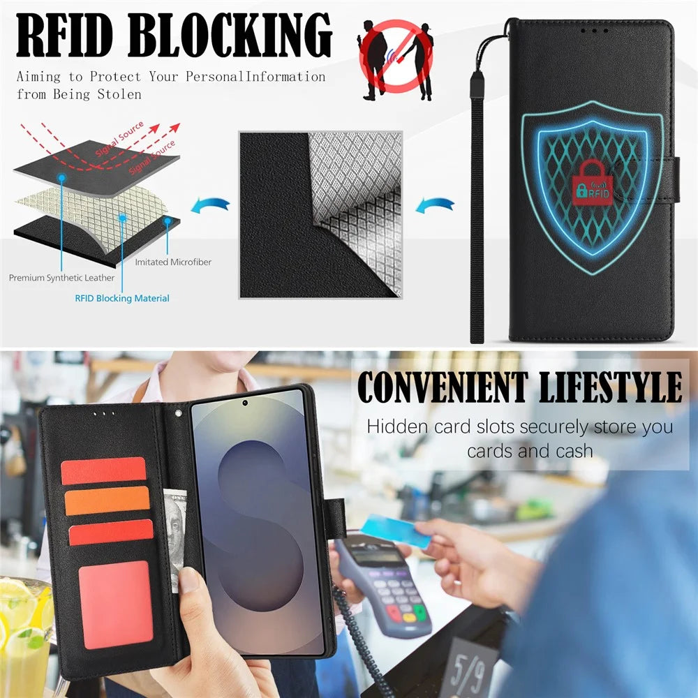 For Samsung Galaxy S24 Ultra Case RFID Blocking Flip Leather Phone Cover with Wrist Strap - Black - 5
