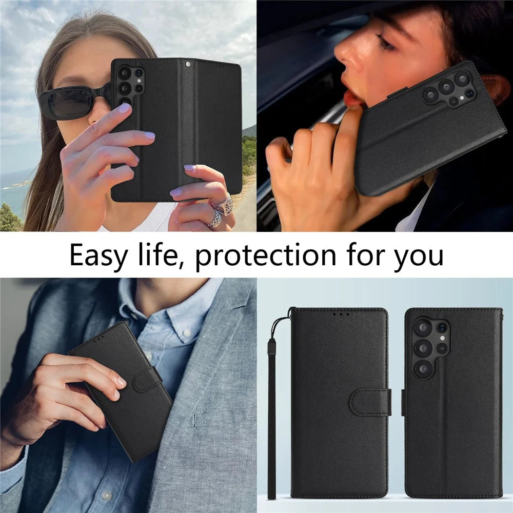 For Samsung Galaxy S24 Ultra Case RFID Blocking Flip Leather Phone Cover with Wrist Strap - Black - 7