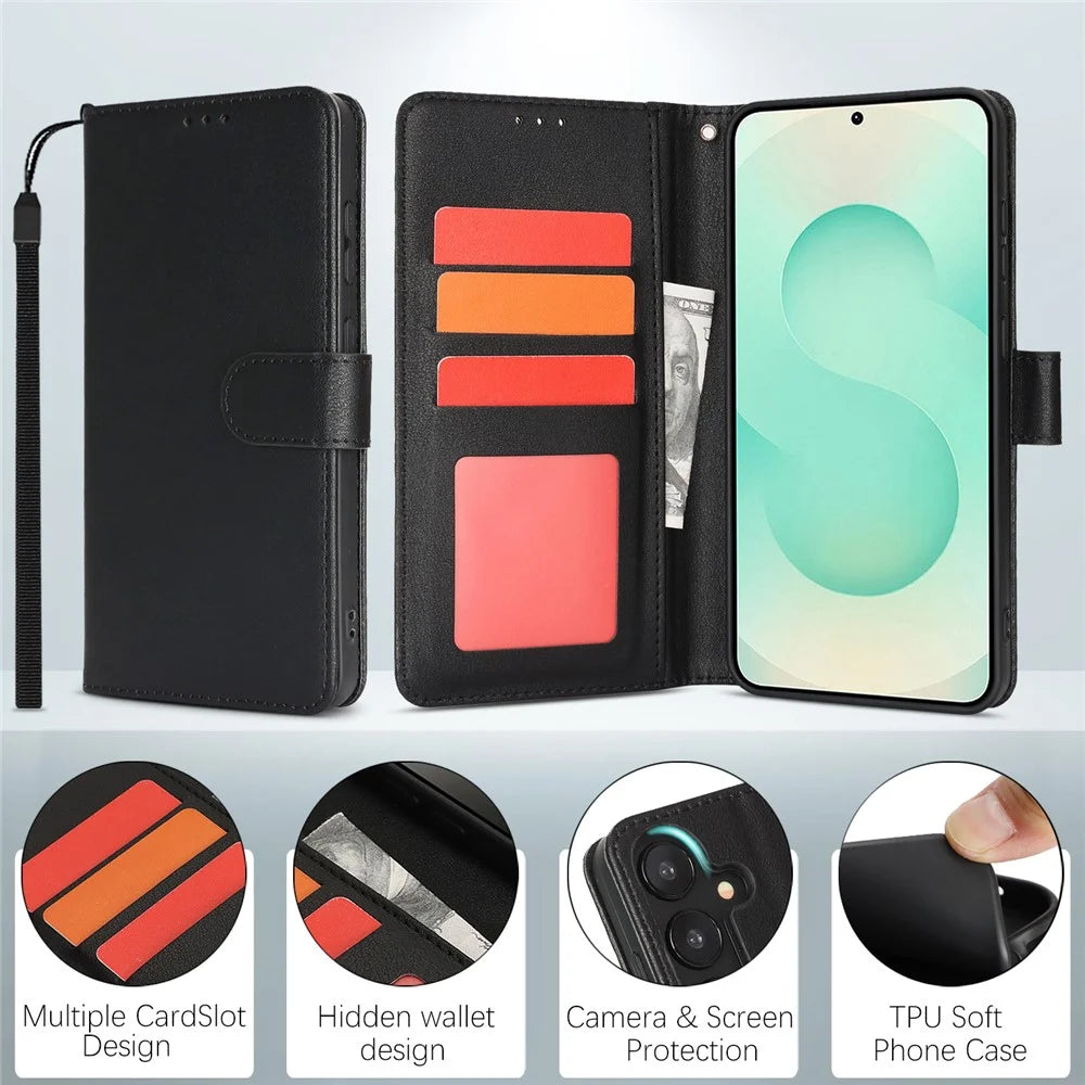For Samsung Galaxy S25 / S24 Case RFID Blocking Flip Leather Phone Cover with Wrist Strap - Black - 6
