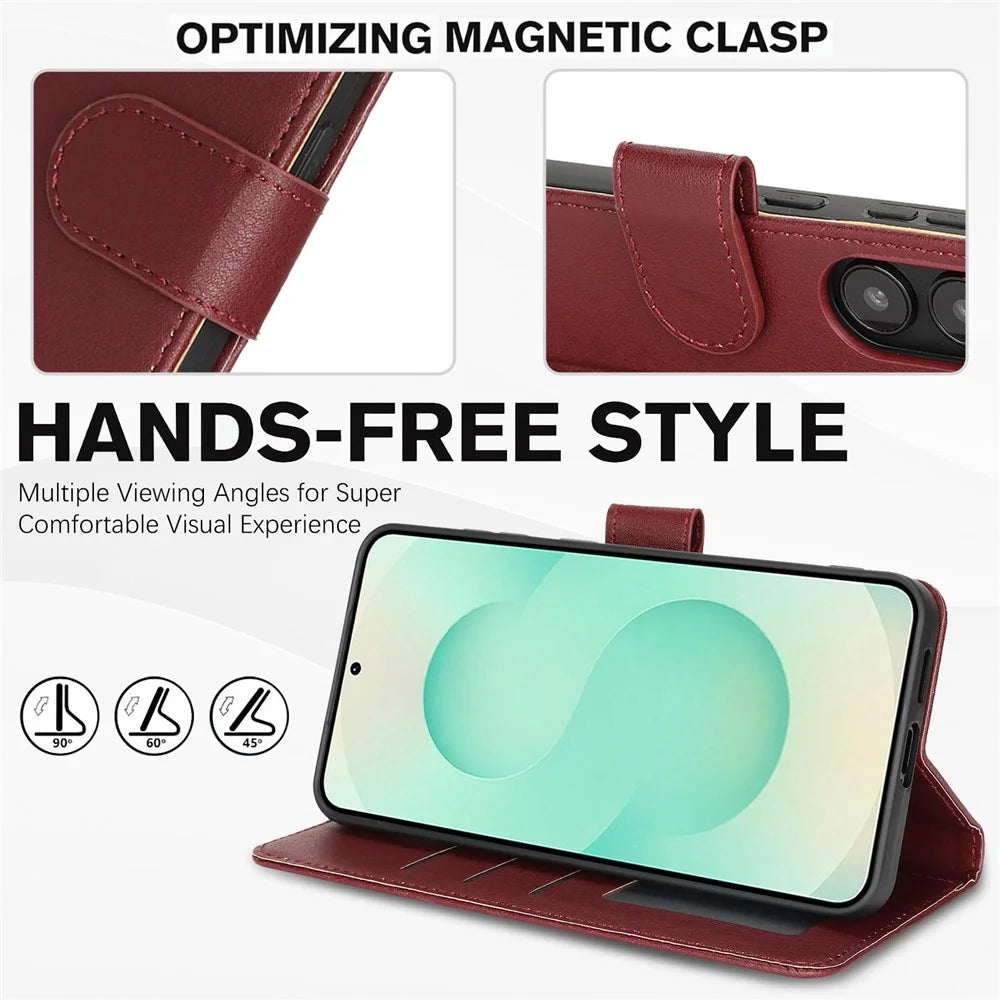 For Samsung Galaxy A36 5G Case RFID Blocking Flip Leather Phone Cover with Wrist Strap - Red - 3
