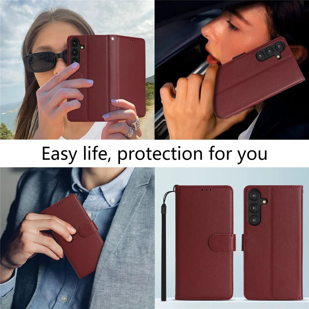 For Samsung Galaxy A36 5G Case RFID Blocking Flip Leather Phone Cover with Wrist Strap - Red - 7
