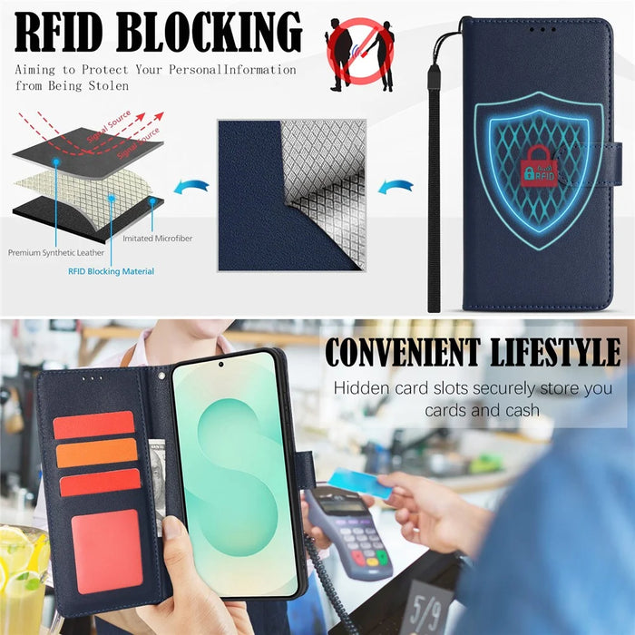 For Samsung Galaxy A26 5G Case RFID Blocking Flip Leather Phone Cover with Wrist Strap - Blue - 5