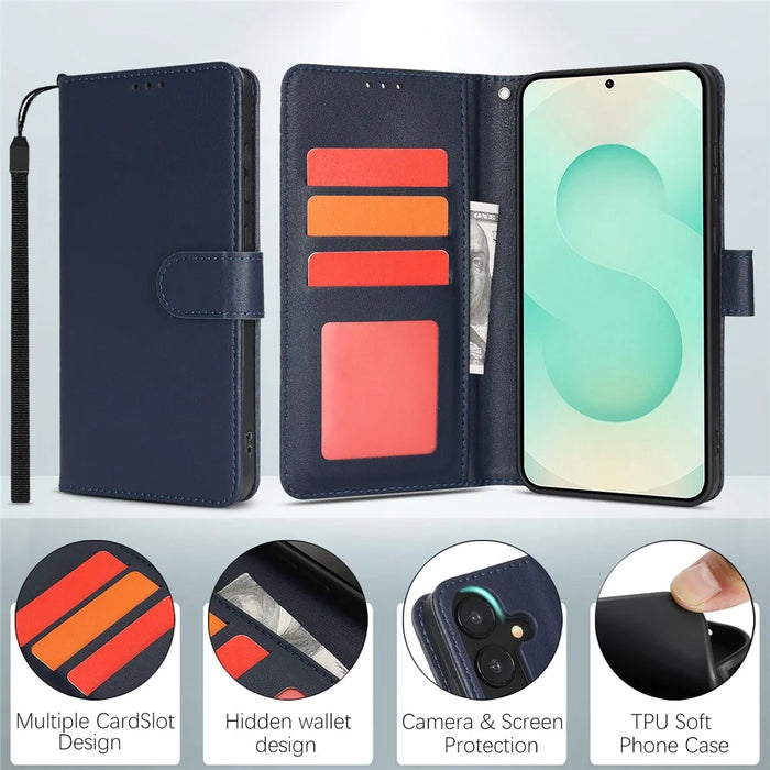 For Samsung Galaxy A26 5G Case RFID Blocking Flip Leather Phone Cover with Wrist Strap - Blue - 6