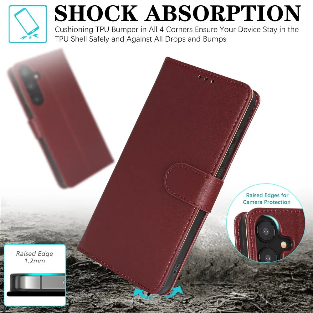For Samsung Galaxy A35 5G Case RFID Blocking Flip Leather Phone Cover with Wrist Strap - Red - 4