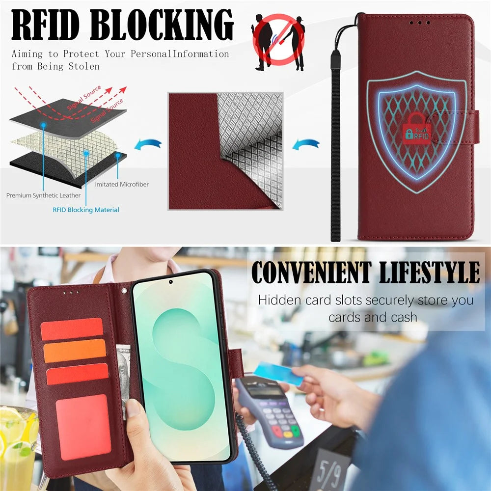 For Samsung Galaxy A35 5G Case RFID Blocking Flip Leather Phone Cover with Wrist Strap - Red - 5