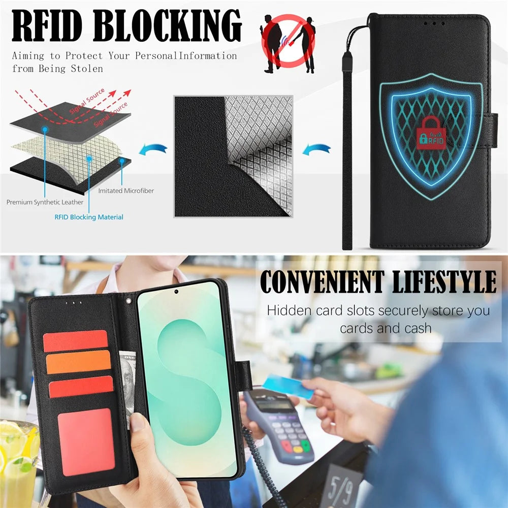 For Samsung Galaxy A55 5G Case RFID Blocking Flip Leather Phone Cover with Wrist Strap - Black - 5