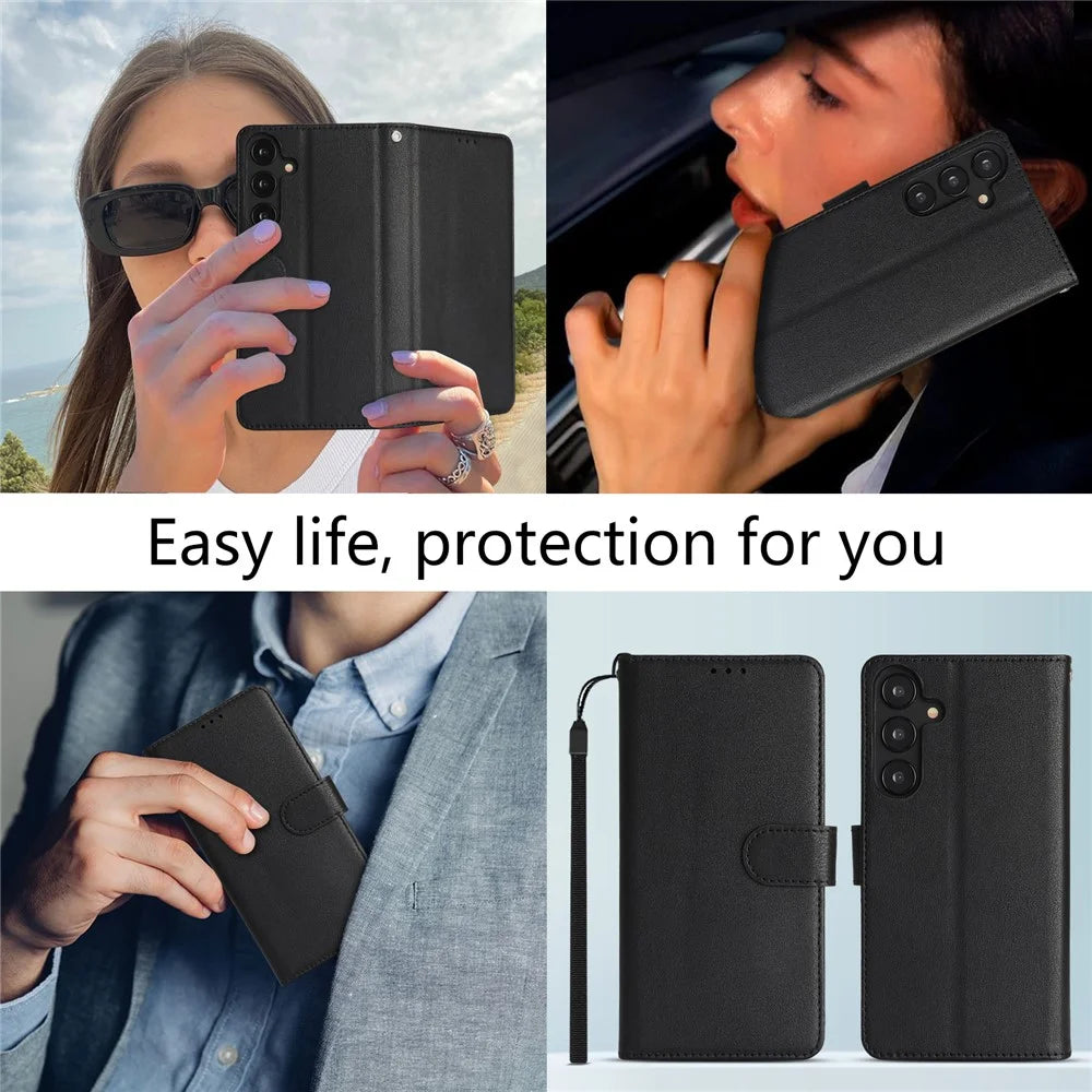 For Samsung Galaxy A55 5G Case RFID Blocking Flip Leather Phone Cover with Wrist Strap - Black - 7