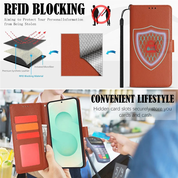 For Samsung Galaxy A25 5G (Global) (161.0mm) Case RFID Blocking Flip Leather Phone Cover with Wrist Strap - Orange - 5