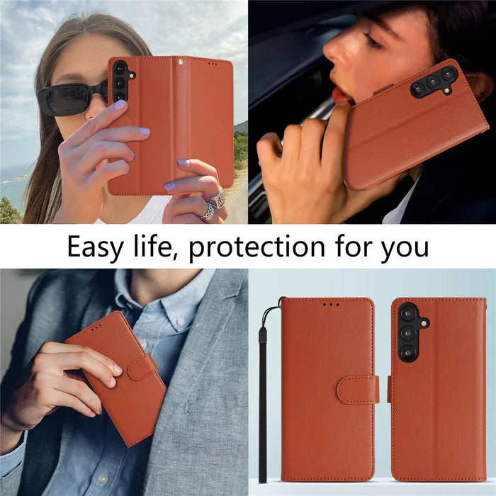 For Samsung Galaxy A25 5G (Global) (161.0mm) Case RFID Blocking Flip Leather Phone Cover with Wrist Strap - Orange - 7