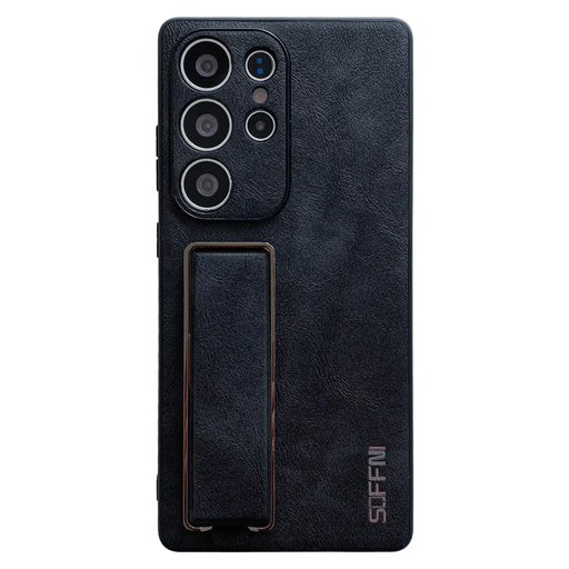 SOFFNI For Samsung Galaxy S25 Ultra Case Wrist Strap Kickstand Litchi Texture Leather Back Cover - Black - 1