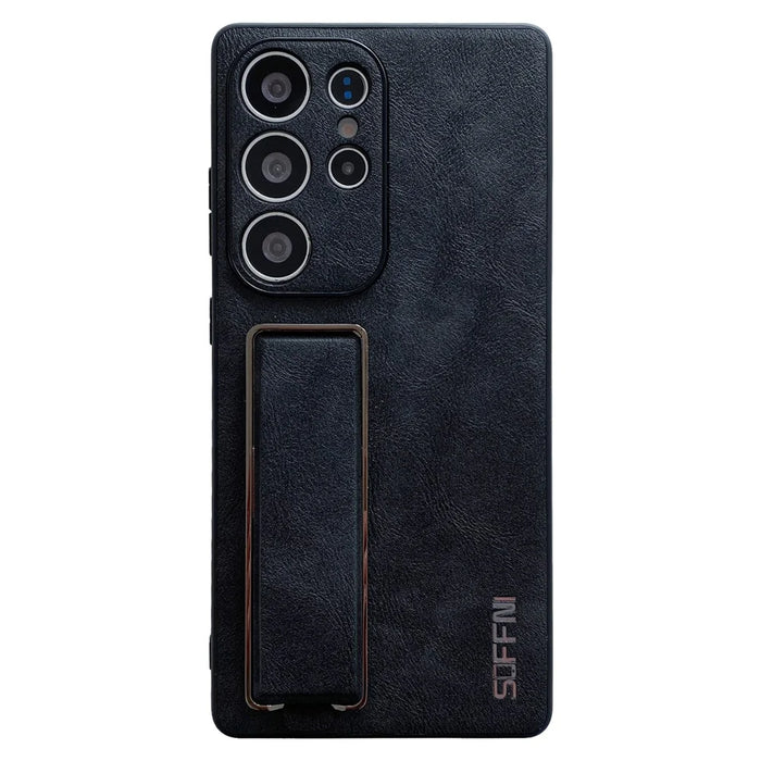 SOFFNI For Samsung Galaxy S25 Ultra Case Wrist Strap Kickstand Litchi Texture Leather Back Cover - Black - 1
