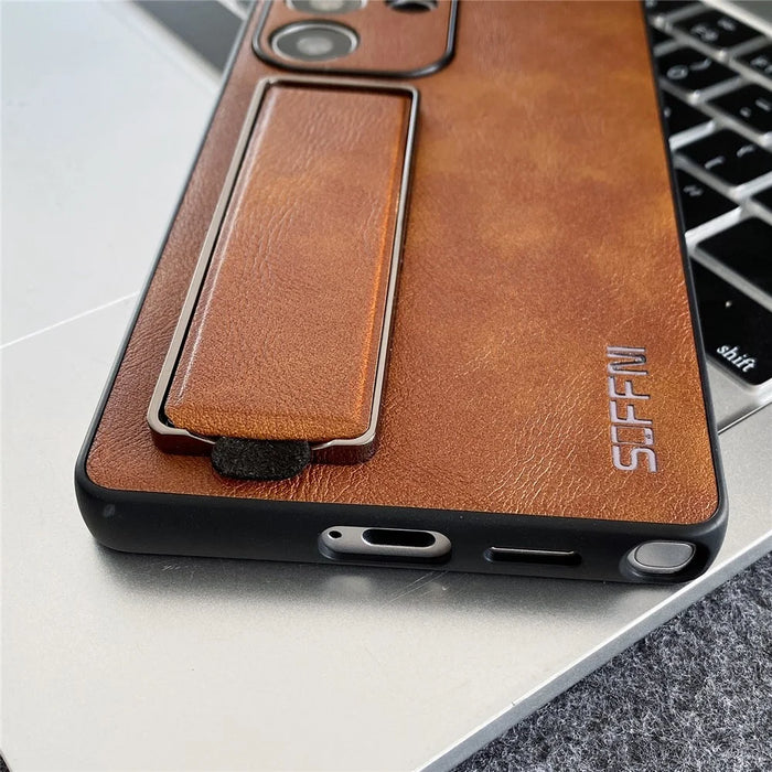 SOFFNI For Samsung Galaxy S25 Ultra Case Wrist Strap Kickstand Litchi Texture Leather Back Cover - Black - 6