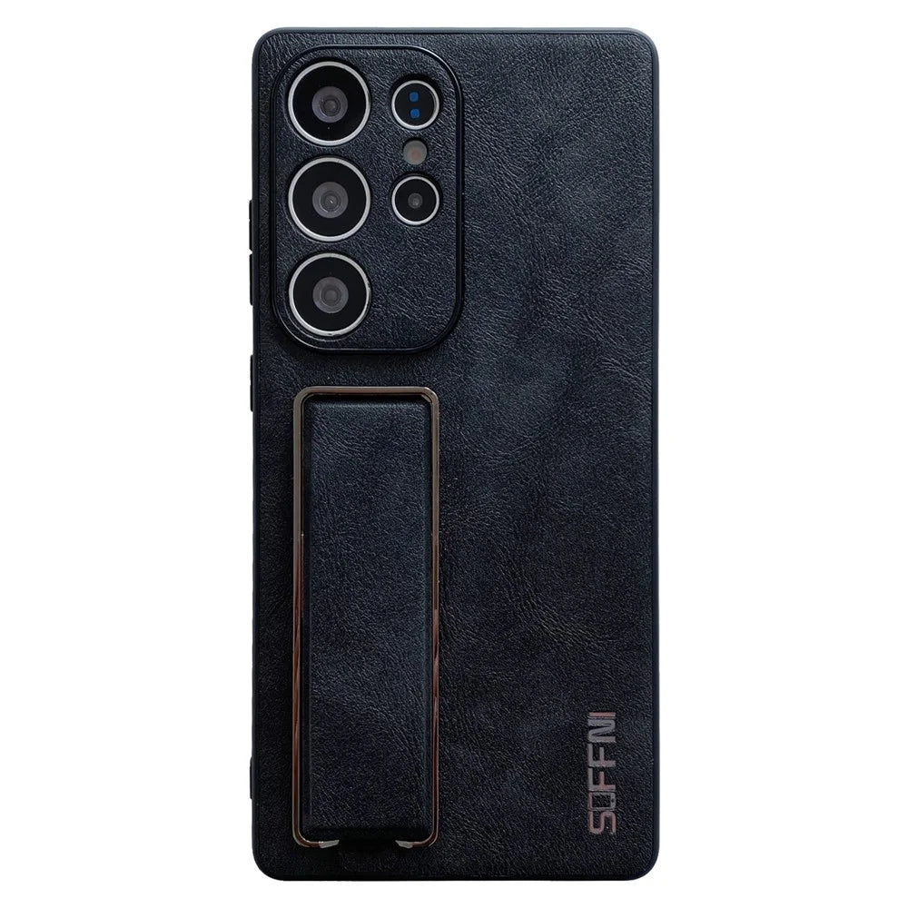 SOFFNI For Samsung Galaxy S24 Ultra Case Wrist Strap Kickstand Litchi Texture Leather Back Cover - Black - 1