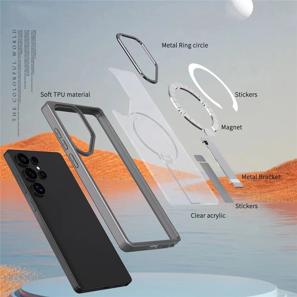 For Samsung Galaxy S24 Ultra Magnetic Case Kickstand TPU + Acrylic Phone Cover - Titanium Grey - 5